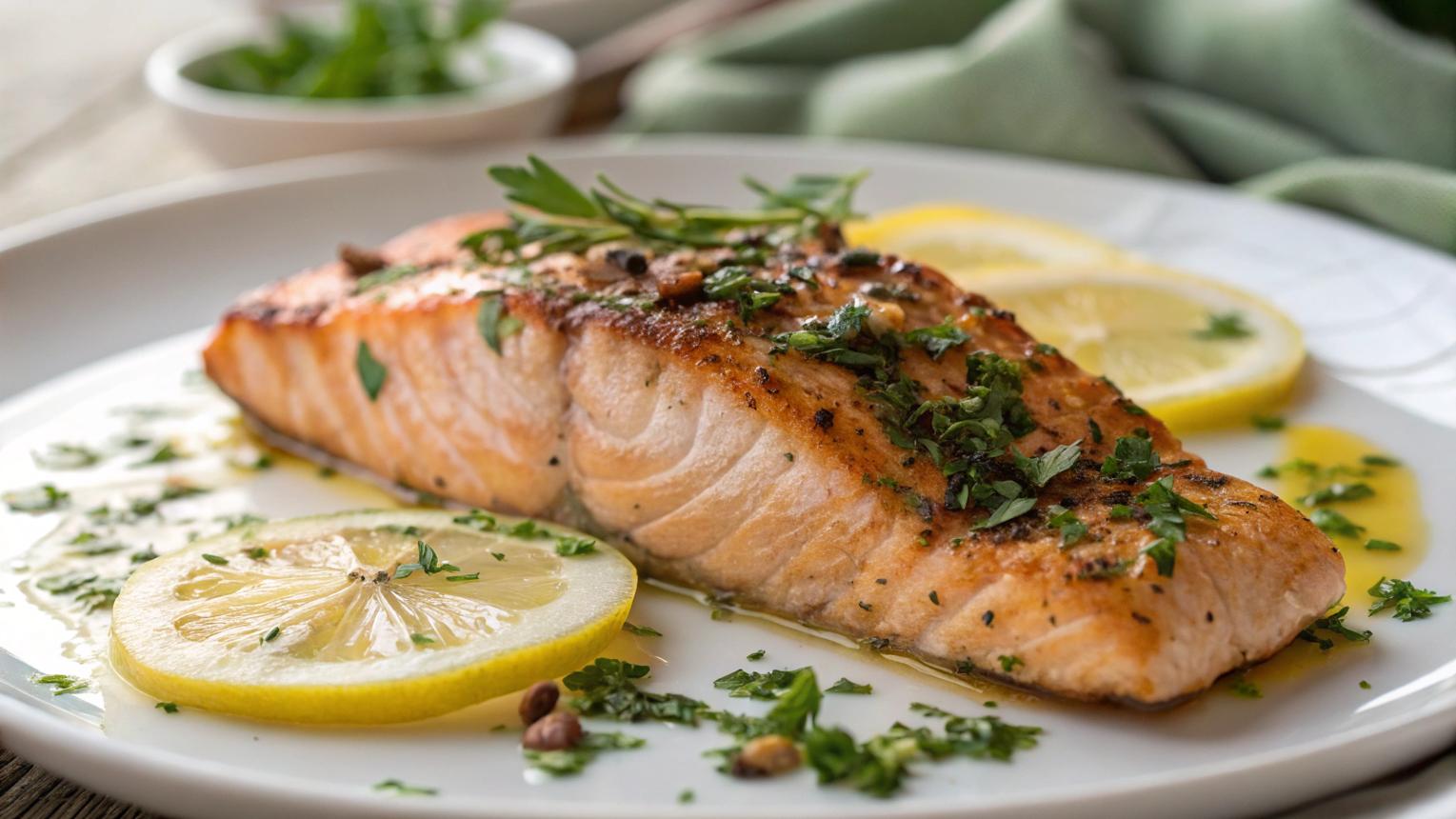 Lemon garlic butter salmon fillet with fresh herbs and lemon slices