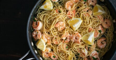 Garlic butter shrimp pasta with creamy sauce and Parmesan cheese