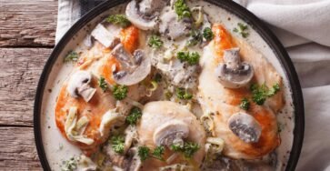 Creamy mushroom chicken with rich sauce and mushrooms served on plate