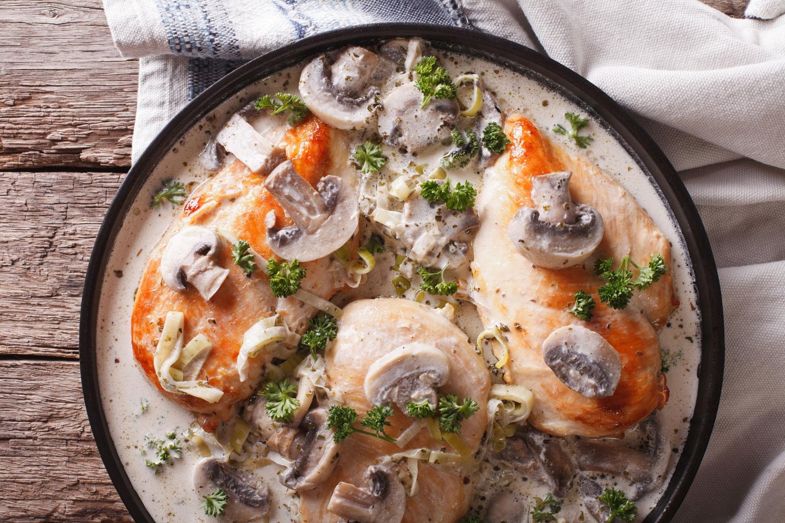 Creamy mushroom chicken with rich sauce and mushrooms served on plate