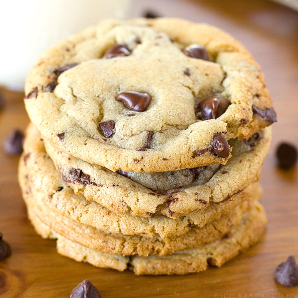 Soft chocolate chip cookies with melted chocolate chips and golden edges