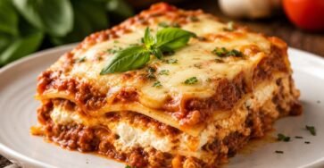Classic homemade lasagna with melted cheese, tomato meat sauce, and fresh basil