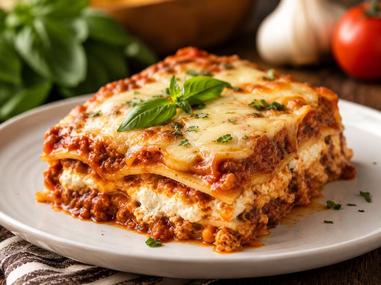 Classic homemade lasagna with melted cheese, tomato meat sauce, and fresh basil