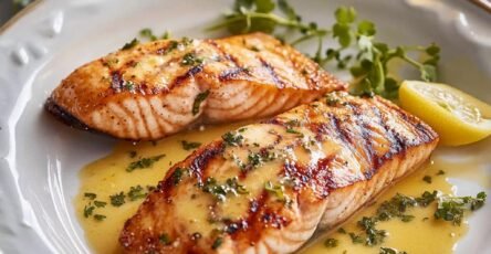 Lemon garlic butter salmon fillet served with fresh lemon and herbs