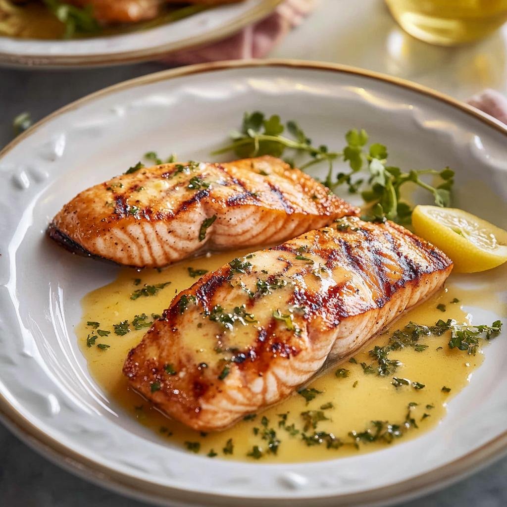Lemon garlic butter salmon fillet served with fresh lemon and herbs